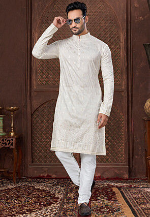 Embroidered Art Silk Kurta Set in Cream