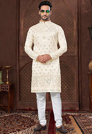 Embroidered Art Silk Kurta Set in Cream