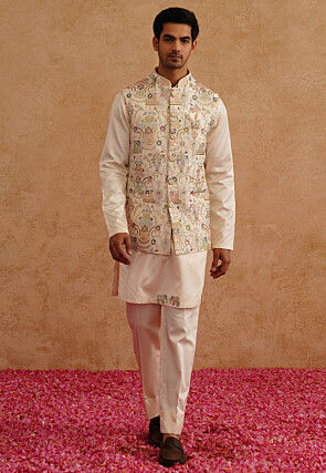 Embroidered Art Silk Kurta Set in Cream