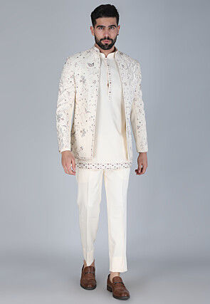Embroidered Art Silk Kurta Set in Cream