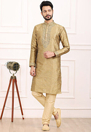 Embroidered Art Silk Kurta Set in Dark Beige