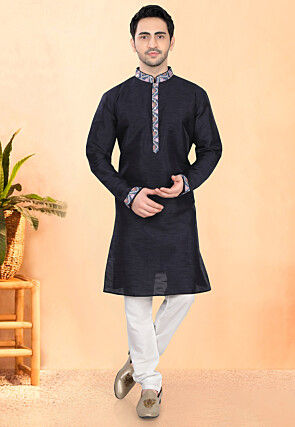 Embroidered Art Silk Kurta Set in Dark Blue