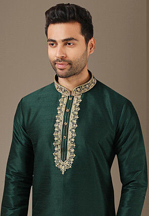 Embroidered Art Silk Kurta in Dark Green