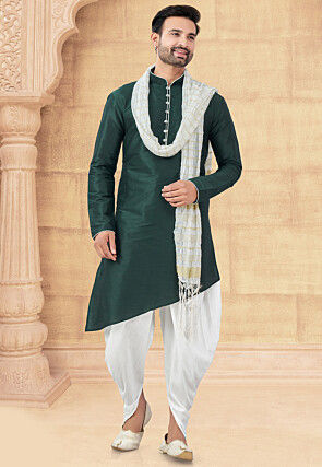 Embroidered Art Silk Kurta Set in Dark Green