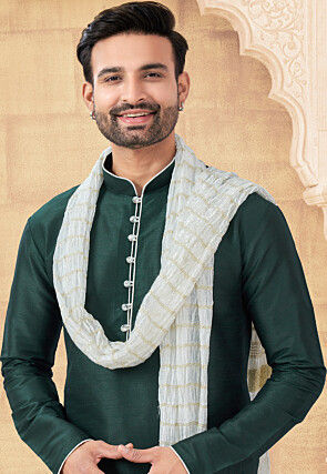 Embroidered Art Silk Kurta Set in Dark Green