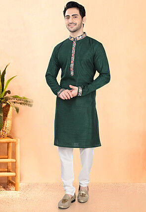 Embroidered Art Silk Kurta Set in Dark Green