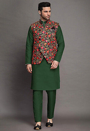 Embroidered Art Silk Kurta Set in Dark Green