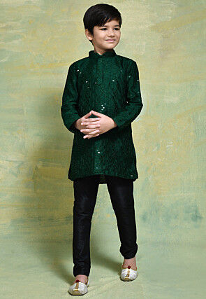 Embroidered Art Silk Kurta Set in Dark Green