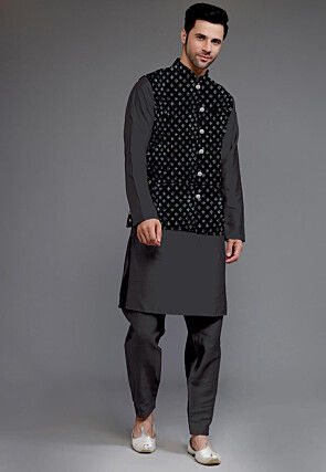 Stunning Black Color Function Wear Readymade Men Kurta Pyjama With Jacket