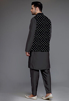 Embroidered Art Silk Kurta Set in Dark Grey and Black