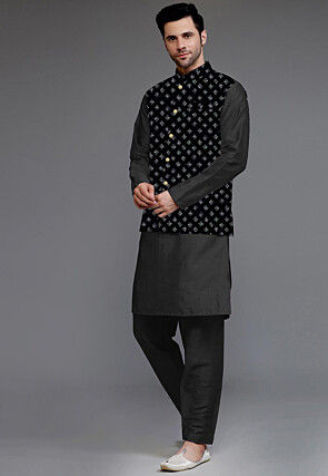 Embroidered Art Silk Kurta Set in Dark Grey and Black