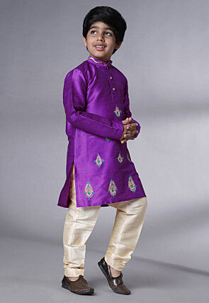 Embroidered Art Silk Kurta Set in Dark Magenta
