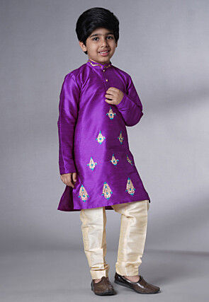 Embroidered Art Silk Kurta Set in Dark Magenta