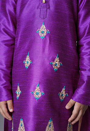 Embroidered Art Silk Kurta Set in Dark Magenta