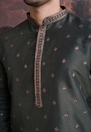 Embroidered Art Silk Kurta Set in Dark Olive Green