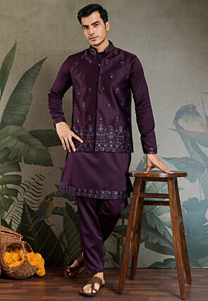 Embroidered Art Silk Kurta Set in Dark Purple