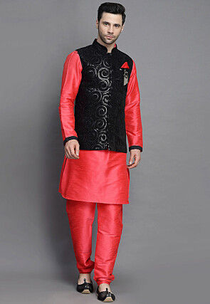 Embroidered Art Silk Kurta Jacket Set in Dark Red and Black
