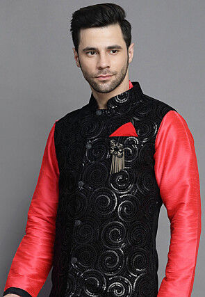 Embroidered Art Silk Kurta Jacket Set in Dark Red and Black