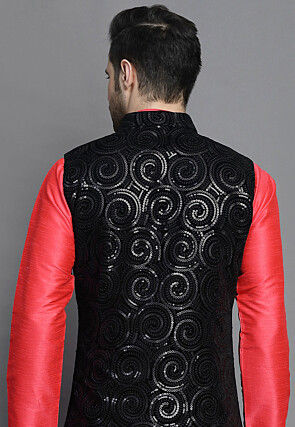 Embroidered Art Silk Kurta Jacket Set in Dark Red and Black