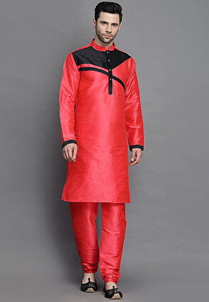 Embroidered Art Silk Kurta Jacket Set in Dark Red and Black