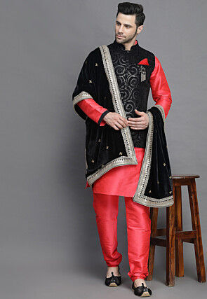 Embroidered Art Silk Kurta Jacket Set in Dark Red and Black