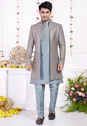 Embroidered Art Silk Kurta Set in Dusty Blue