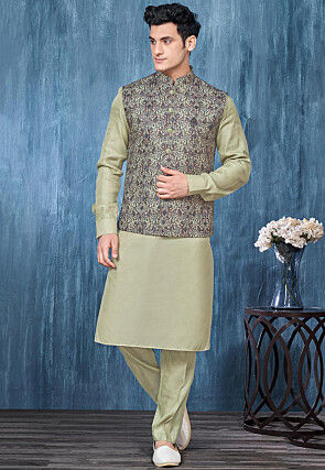 Embroidered Art Silk Kurta Set in Dusty Green