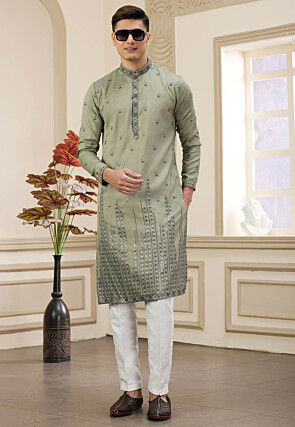 Embroidered Art Silk Kurta Set in Dusty Green