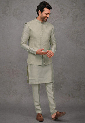 Embroidered Art Silk Kurta Set in Dusty Green