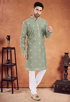 Embroidered Art Silk Kurta Set in Dusty Green