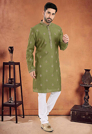 Embroidered Art Silk Kurta Set in Olive Green
