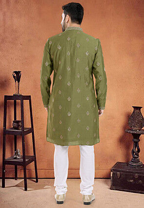 Embroidered Art Silk Kurta Set in Olive Green