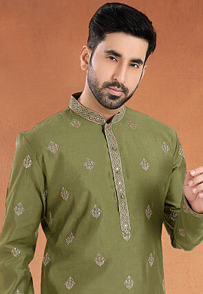 Embroidered Art Silk Kurta Set in Olive Green