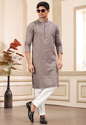 Embroidered Art Silk Kurta Set in Fawn