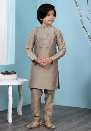 Embroidered Art Silk Kurta Set in Fawn