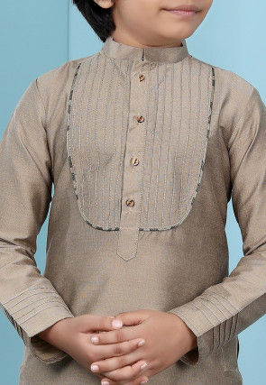 Embroidered Art Silk Kurta Set in Fawn