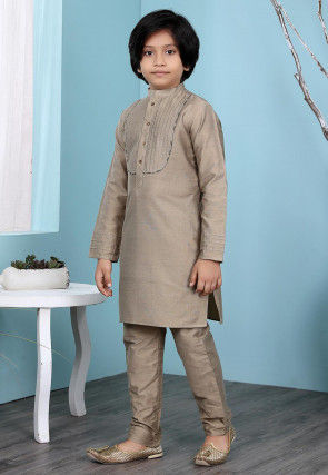 Embroidered Art Silk Kurta Set in Fawn