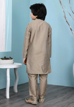 Embroidered Art Silk Kurta Set in Fawn