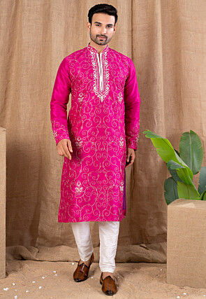 Embroidered Art Silk Kurta Set in Fuchsia
