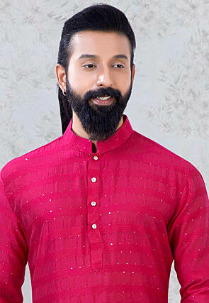 Embroidered Art Silk Kurta Set in Fuchsia
