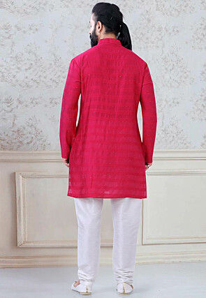 Embroidered Art Silk Kurta Set in Fuchsia