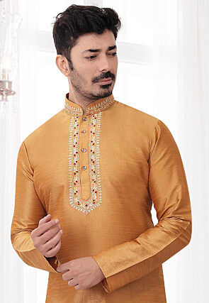 Embroidered Art Silk Kurta Set in Golden