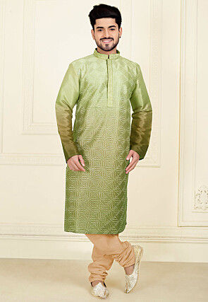 Embroidered Art Silk Kurta Set in Green Ombre