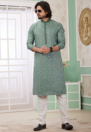 Embroidered Art Silk Kurta Set in Green