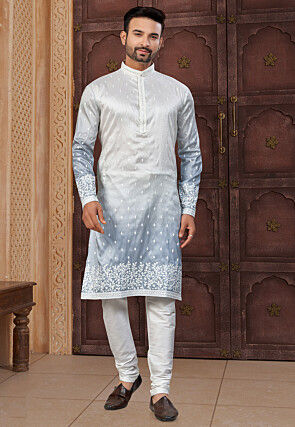 Embroidered Art Silk Kurta Set in Grey Ombre