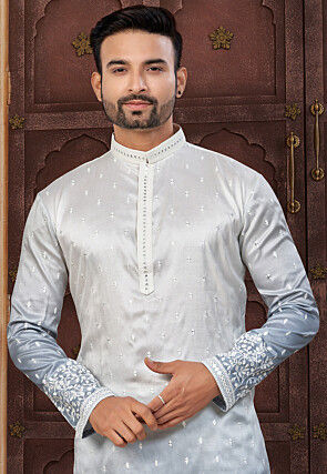 Embroidered Art Silk Kurta Set in Grey Ombre