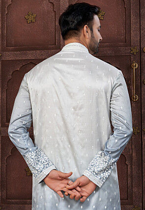 Embroidered Art Silk Kurta Set in Grey Ombre