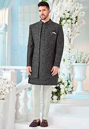 Embroidered Art Silk Kurta Set in Grey
