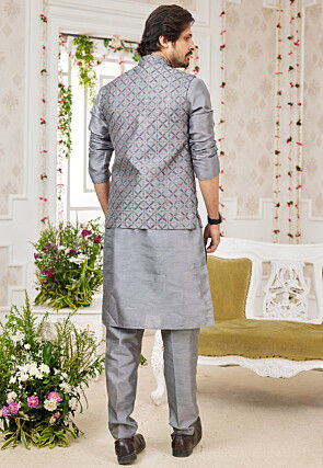 Embroidered Art Silk Kurta Set in Grey