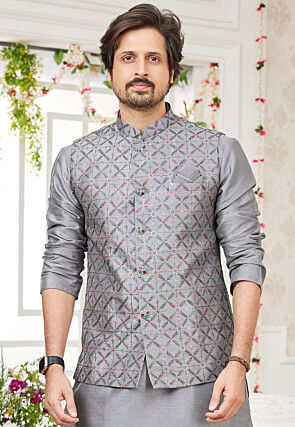 Embroidered Art Silk Kurta Set in Grey